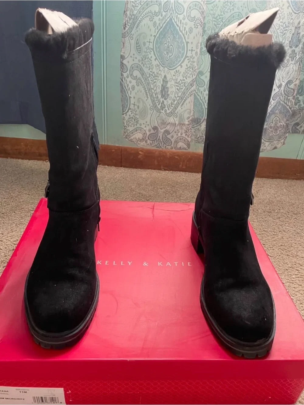 Black Suede Fur-Lined Mid-Calf Boots - Women